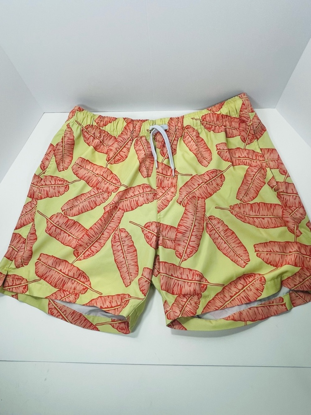 Bearbottom Men’s Yellow Swim Trunks with Coral Leaf Print and Elastic Drawstring